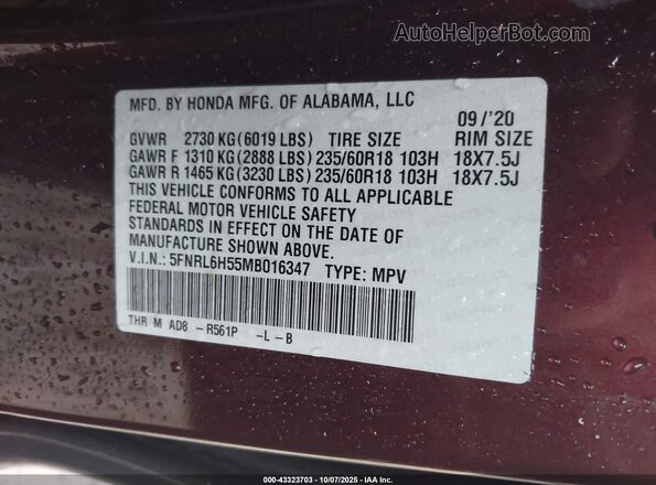 5FNRL6H55MB016347 2021 HONDA ODYSSEY Красный Вид подкапотного пространства