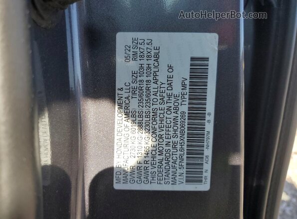 5FNRL6H5XNB069269 2022 HONDA ODYSSEY Gray Vista de la etiqueta del VIN