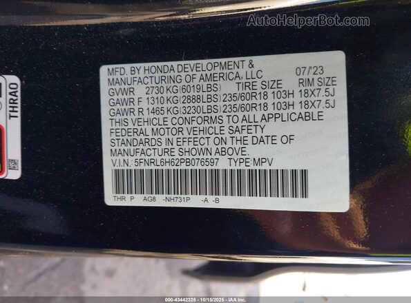5FNRL6H62PB076597 2023 HONDA ODYSSEY Black Շարժիչի բաժամունքի տեսք