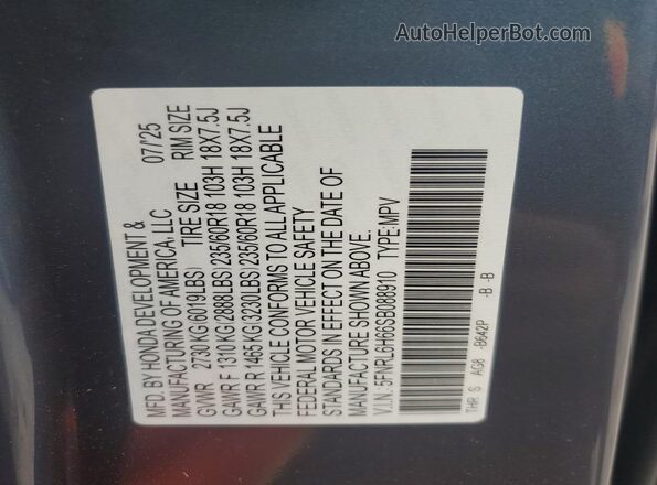 5FNRL6H66SB088910 2025 HONDA ODYSSEY Charcoal Widok naklejki z numerem VIN
