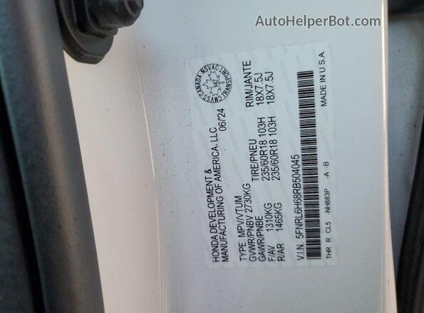 5FNRL6H68RB504045 2024 HONDA ODYSSEY White Вид наклейки з VIN-кодом