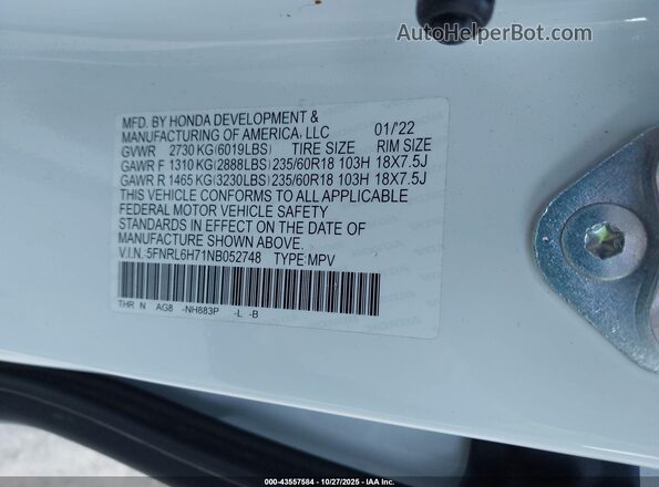 5FNRL6H71NB052748 2022 HONDA ODYSSEY White Vista del compartimento del motor