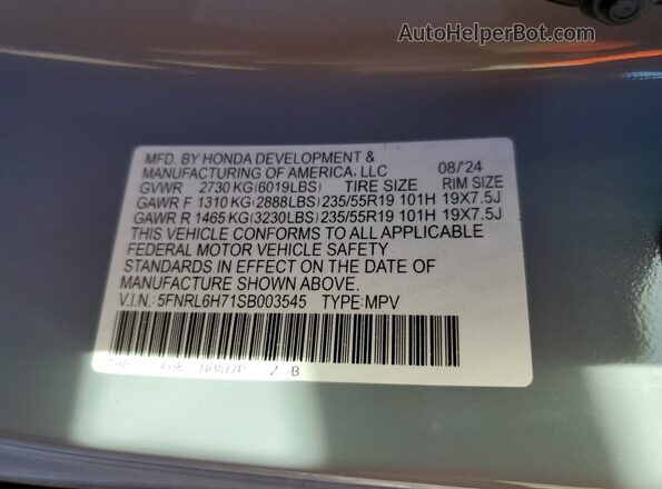 5FNRL6H71SB003545 2025 HONDA ODYSSEY Gray Вид наклейки з VIN-кодом