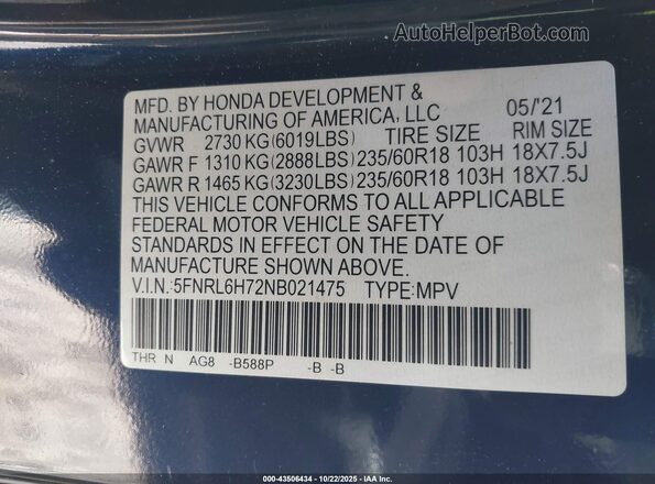 5FNRL6H72NB021475 2022 HONDA ODYSSEY Dark Blue Widok komory silnika