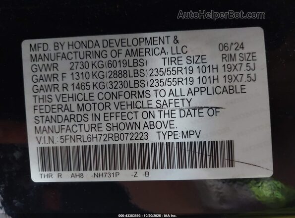 5FNRL6H72RB072223 2024 HONDA ODYSSEY Черный Вид подкапотного пространства
