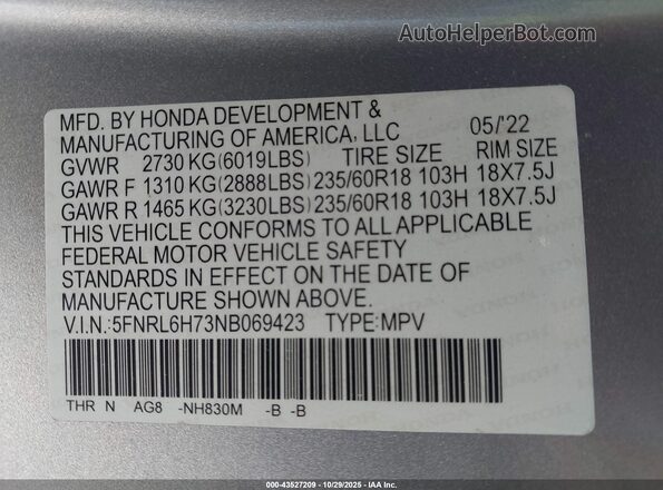 5FNRL6H73NB069423 2022 HONDA ODYSSEY Silver Vista del compartimento del motor