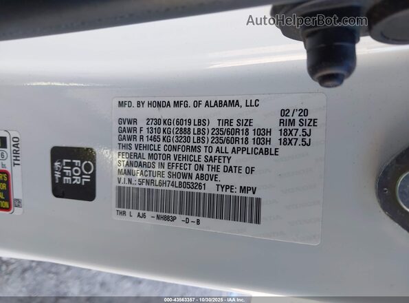 5FNRL6H74LB053261 2020 HONDA ODYSSEY White Widok komory silnika