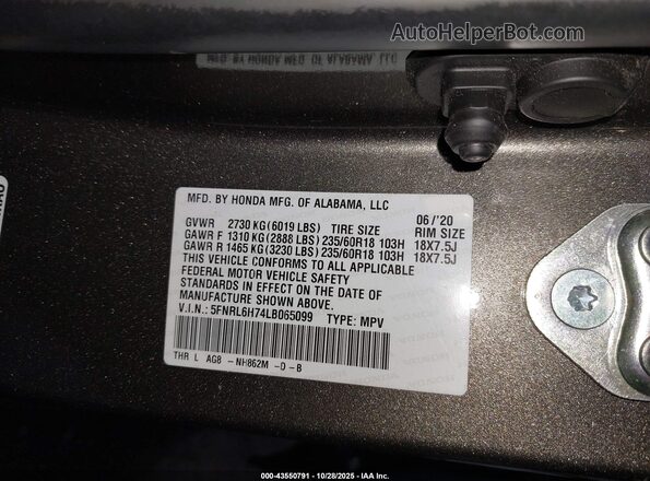 5FNRL6H74LB065099 2020 HONDA ODYSSEY Gray Vista del compartimento del motor