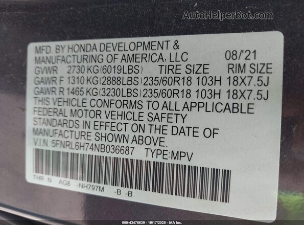 5FNRL6H74NB036687 2022 HONDA ODYSSEY Blue Engine compartment view