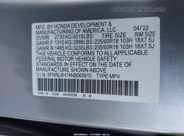 5FNRL6H74NB065915 2022 HONDA ODYSSEY Silver Widok komory silnika