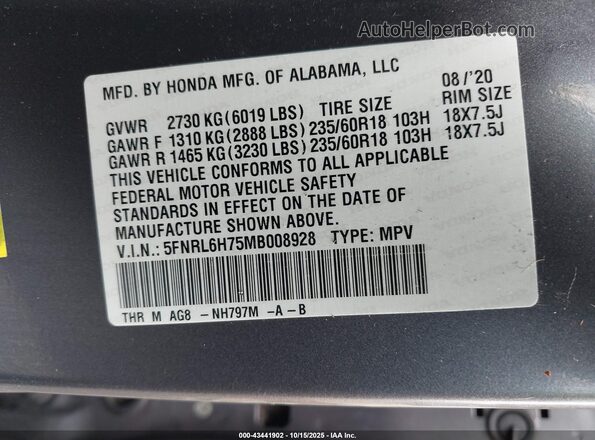 5FNRL6H75MB008928 2021 HONDA ODYSSEY Gray ძრავის განყოფილების ხედი