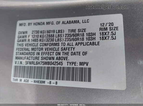 5FNRL6H75MB042545 2021 HONDA ODYSSEY Silver ძრავის განყოფილების ხედი