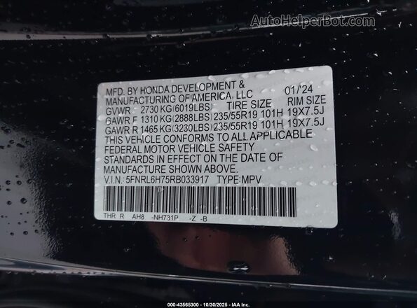 5FNRL6H75RB033917 2024 HONDA ODYSSEY Black Շարժիչի բաժամունքի տեսք