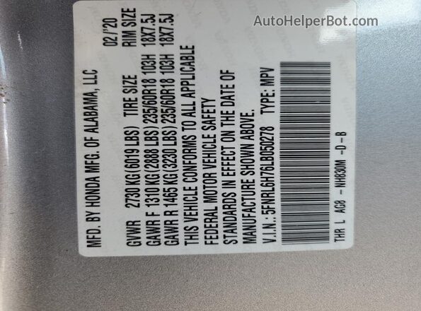 5FNRL6H76LB050278 2020 HONDA ODYSSEY Silver Սալոնի 360 աստիճան տեսք