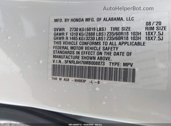5FNRL6H76MB008873 2021 HONDA ODYSSEY White Շարժիչի բաժամունքի տեսք