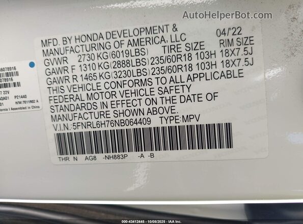 5FNRL6H76NB064409 2022 HONDA ODYSSEY White Widok komory silnika