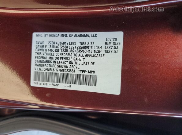 5FNRL6H77MB023883 2021 HONDA ODYSSEY Burgundy VIN կոդի պիտակի տեսք