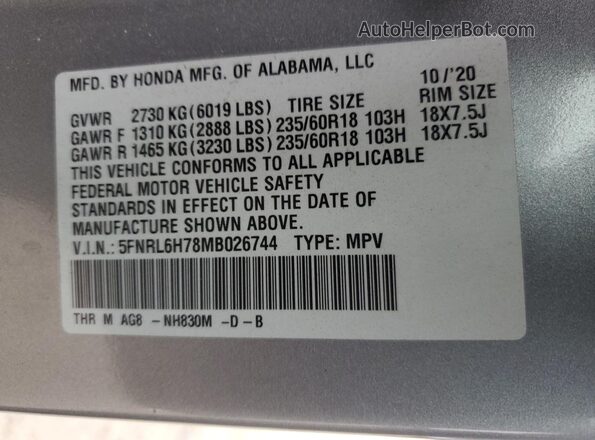 5FNRL6H78MB026744 2021 HONDA ODYSSEY Silver Вид наклейки з VIN-кодом