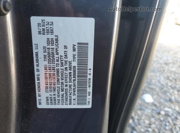 5FNRL6H79LB068659 2020 HONDA ODYSSEY Charcoal VIN კოდის სტიკერის ხედი