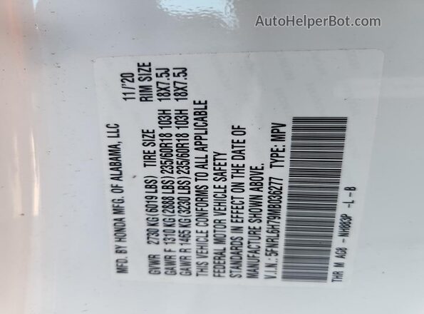 5FNRL6H79MB036277 2021 HONDA ODYSSEY White VIN sticker view