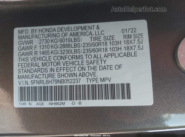 5FNRL6H79NB052237 2022 HONDA ODYSSEY Silver Widok komory silnika