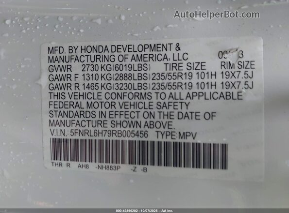 5FNRL6H79RB005456 2024 HONDA ODYSSEY White 