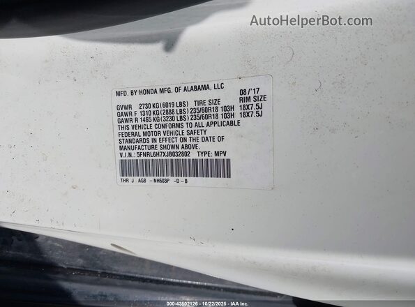 5FNRL6H7XJB032802 2018 HONDA ODYSSEY Белый 