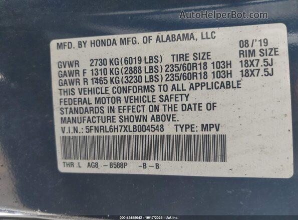 5FNRL6H7XLB004548 2020 HONDA ODYSSEY Blue ძრავის განყოფილების ხედი