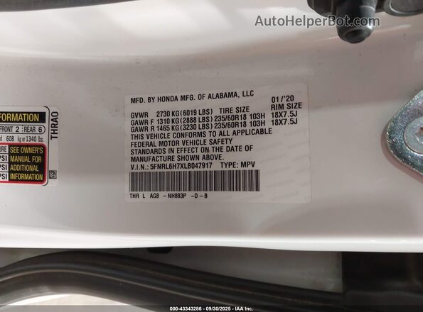 5FNRL6H7XLB047917 2020 HONDA ODYSSEY White Շարժիչի բաժամունքի տեսք