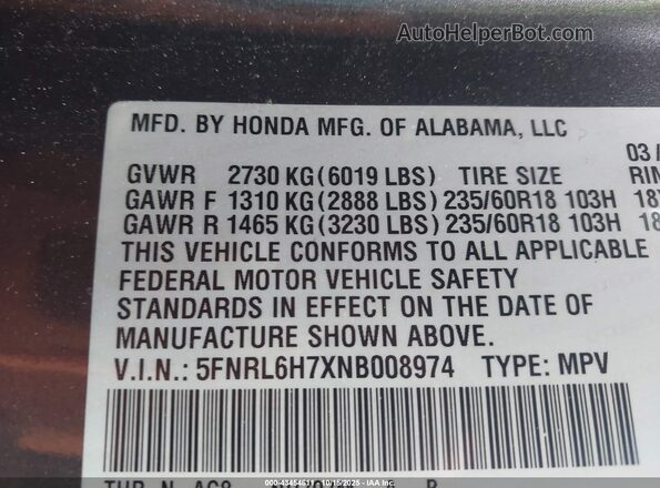 5FNRL6H7XNB008974 2022 HONDA ODYSSEY Gray Vista del compartimento del motor