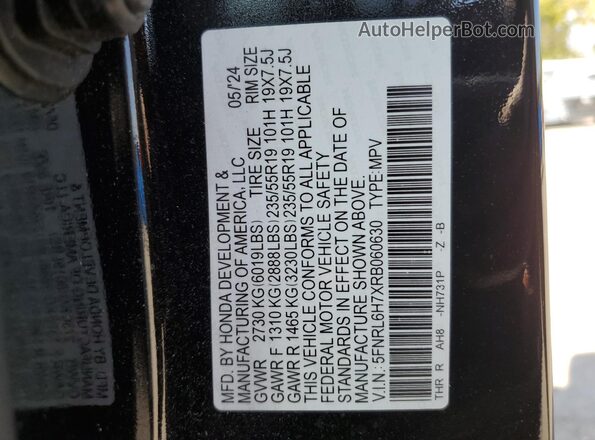 5FNRL6H7XRB060630 2024 HONDA ODYSSEY Black VIN կոդի պիտակի տեսք