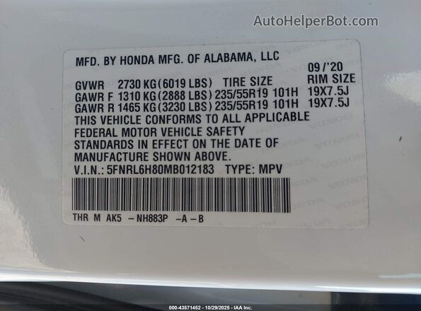 5FNRL6H80MB012183 2021 HONDA ODYSSEY White Vista del compartimento del motor