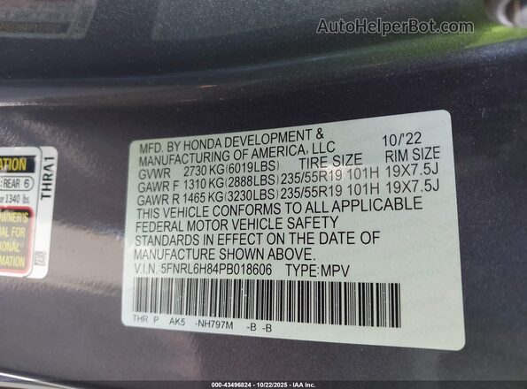 5FNRL6H84PB018606 2023 HONDA ODYSSEY Серый Вид подкапотного пространства