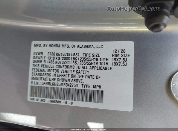 5FNRL6H85MB042750 2021 HONDA ODYSSEY Silver Вид підкапотного простору