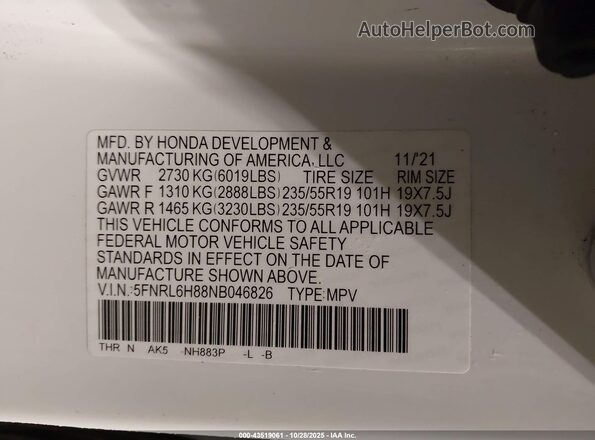 5FNRL6H88NB046826 2022 HONDA ODYSSEY White Vista del compartimento del motor