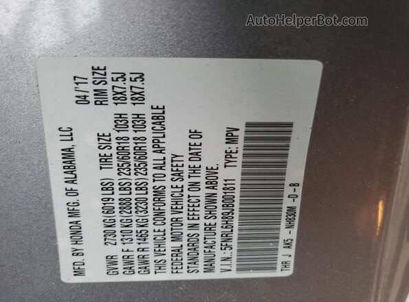5FNRL6H89JB001811 2018 HONDA ODYSSEY Серебряный 