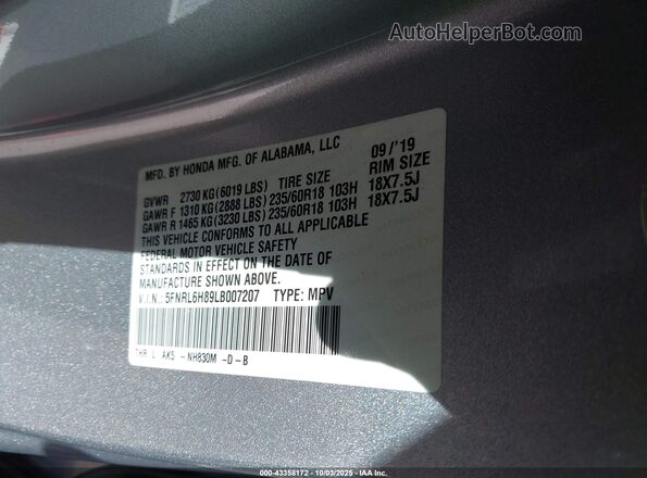 5FNRL6H89LB007207 2020 HONDA ODYSSEY Серый Вид подкапотного пространства