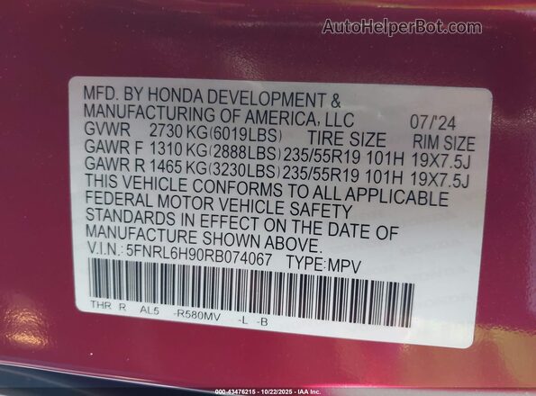 5FNRL6H90RB074067 2024 HONDA ODYSSEY Red ძრავის განყოფილების ხედი