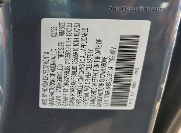 5FNRL6H92SB051184 2025 HONDA ODYSSEY Blue VIN կոդի պիտակի տեսք