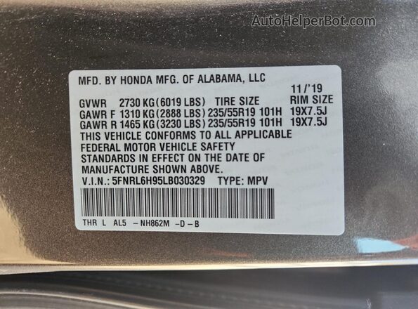 5FNRL6H95LB030329 2020 HONDA ODYSSEY Gray VIN sticker view