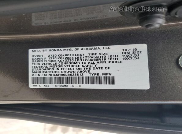 5FNRL6H96LB023812 2020 HONDA ODYSSEY Brown VIN կոդի պիտակի տեսք