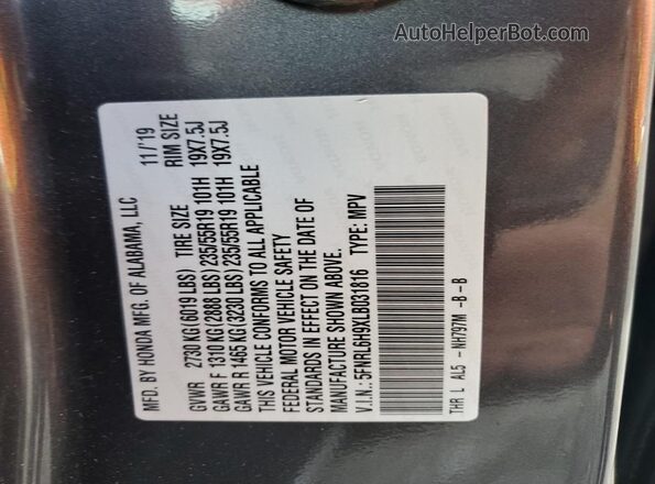 5FNRL6H9XLB031816 2020 HONDA ODYSSEY Gray VIN კოდის სტიკერის ხედი