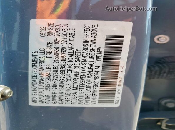 5FNYF5H21NB024174 2022 HONDA PILOT Серый Вид наклейки с VIN-кодом