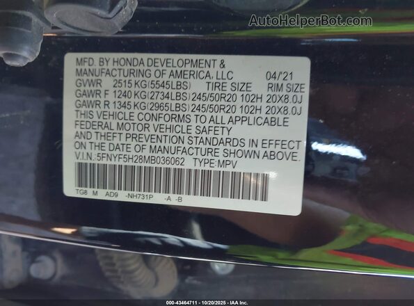 5FNYF5H28MB036062 2021 HONDA PILOT Black Widok komory silnika