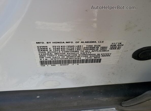 5FNYF5H30LB013284 2020 HONDA PILOT White Vista interior de 360 grados