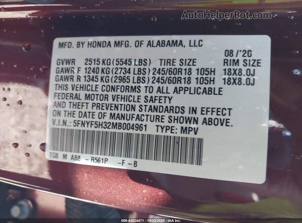 5FNYF5H32MB004961 2021 HONDA PILOT Maroon Вид підкапотного простору