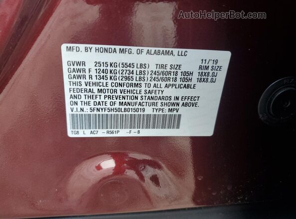 5FNYF5H50LB015019 2020 HONDA PILOT Burgundy VIN კოდის სტიკერის ხედი