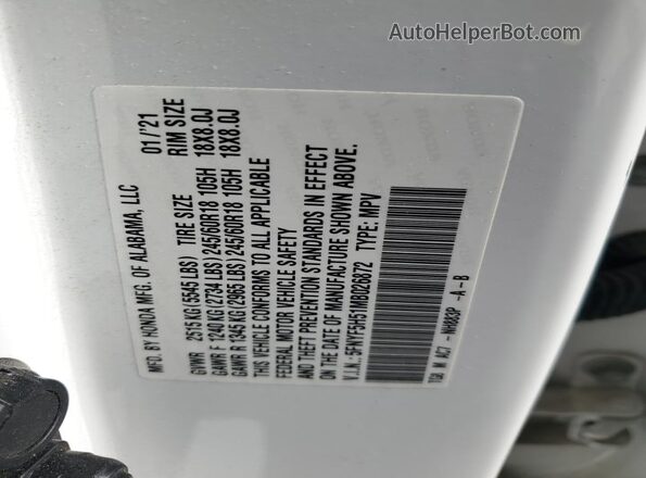 5FNYF5H51MB026872 2021 HONDA PILOT Белый 