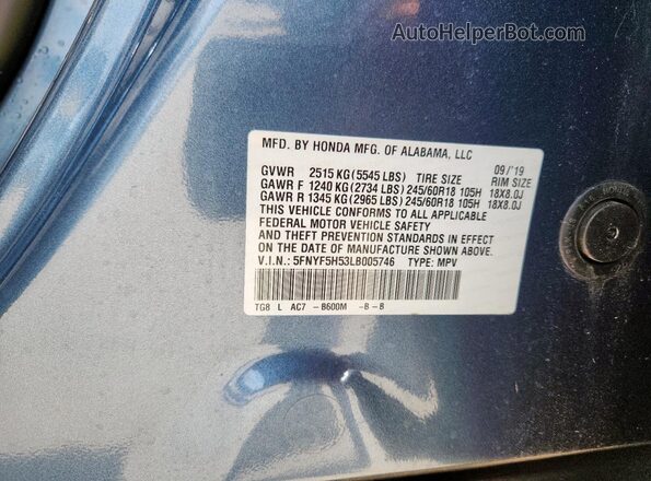 5FNYF5H53LB005746 2020 HONDA PILOT Blue VIN sticker view
