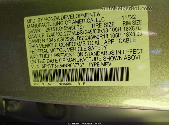 5FNYF5H54NB037737 2022 HONDA PILOT Серебряный Вид подкапотного пространства
